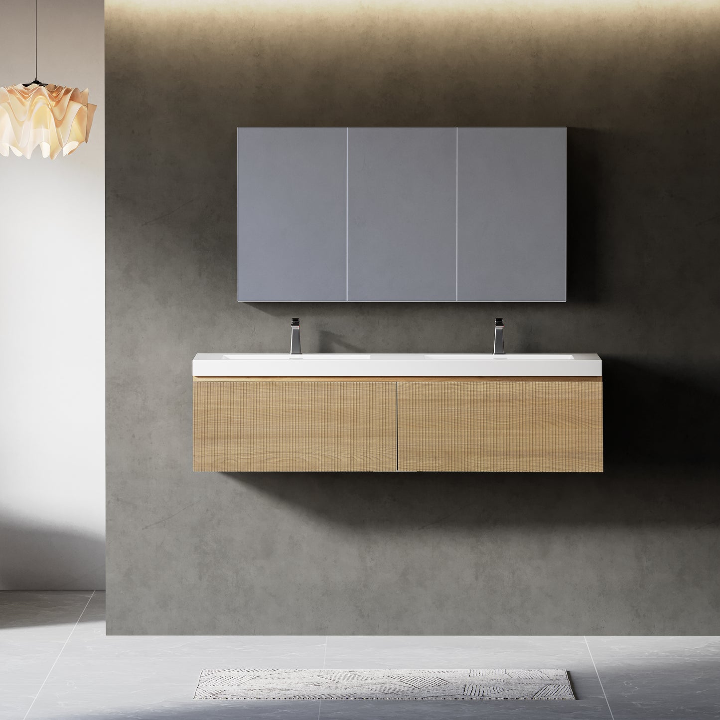 60" Liner - Floating Bathroom Vanity Integrated Double Sink Basin Natural Oak
