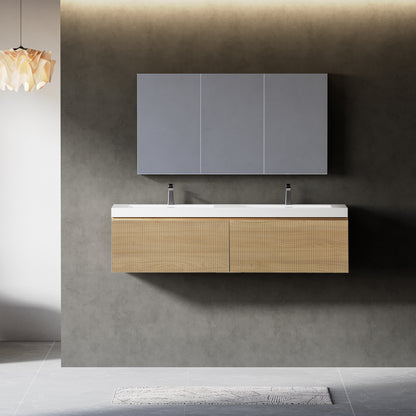 60" Liner - Floating Bathroom Vanity Integrated Double Sink Basin Natural Oak