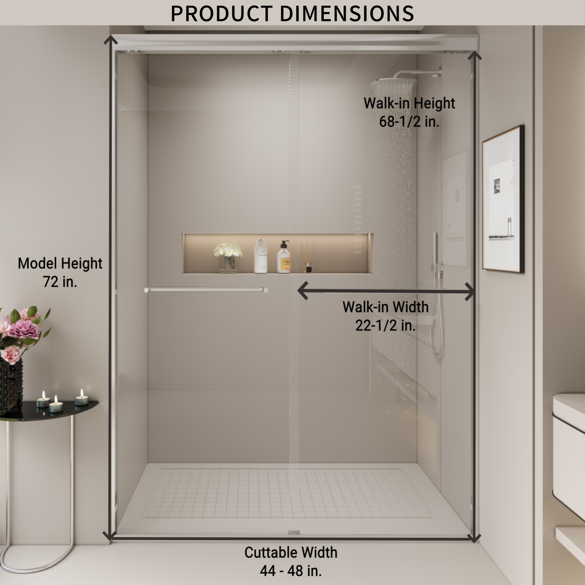 44–48" W x 72" H Double Sliding Shower Door, Semi-Frameless Bypass, 1/4" Tempered Glass, Chrome