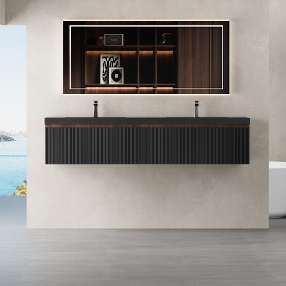 72" Liner - Floating Bathroom Vanity Integrated Double Basin Smoked Walnut & lnk Black