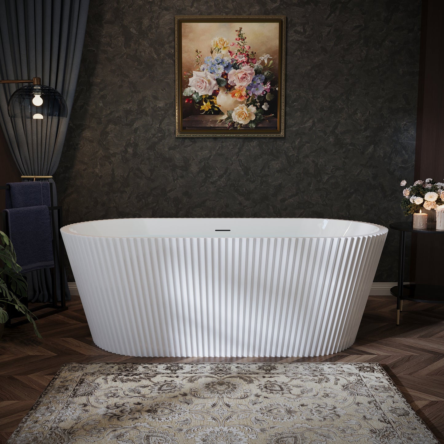 67" Fluted Acrylic Freestanding Soaking Bathtub, Glossy White A13