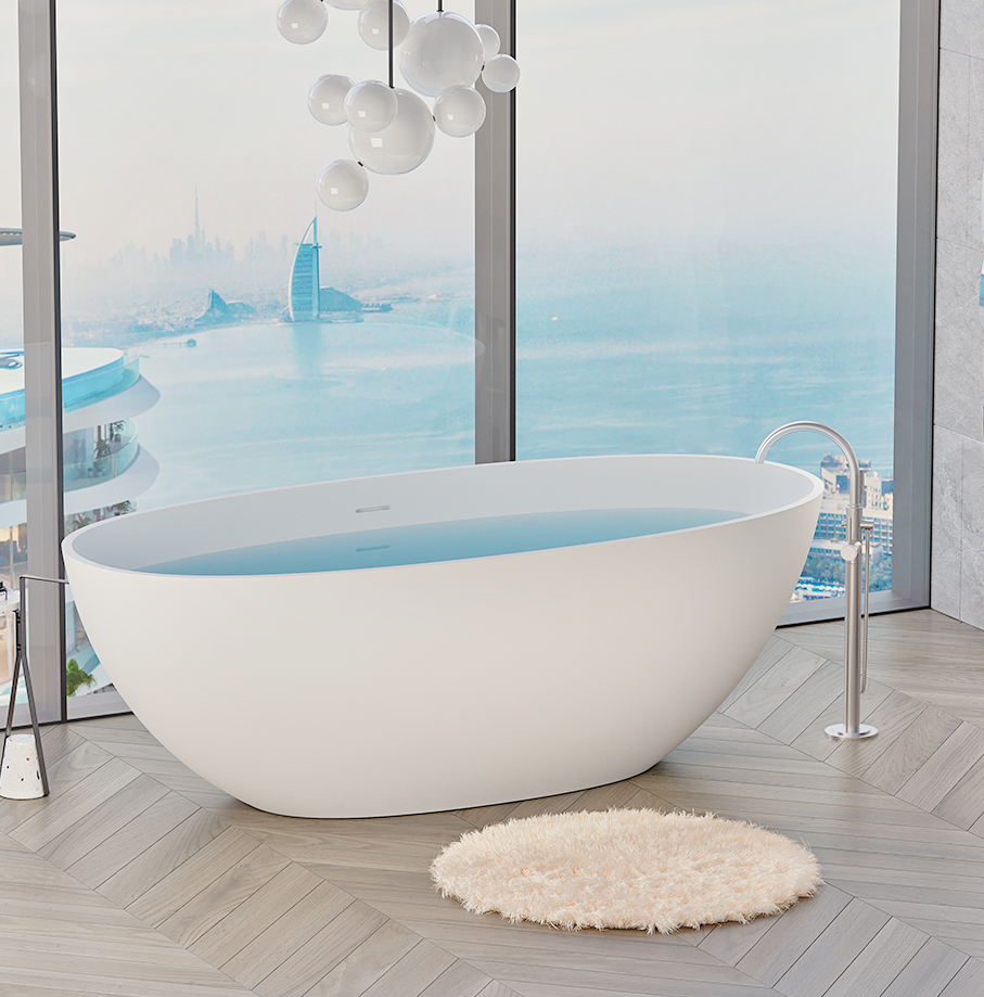 65" Freestanding Solid Surface Bathtub, Luxury Stone Resin Soaking Tub, Overflow & Drain, Matte White