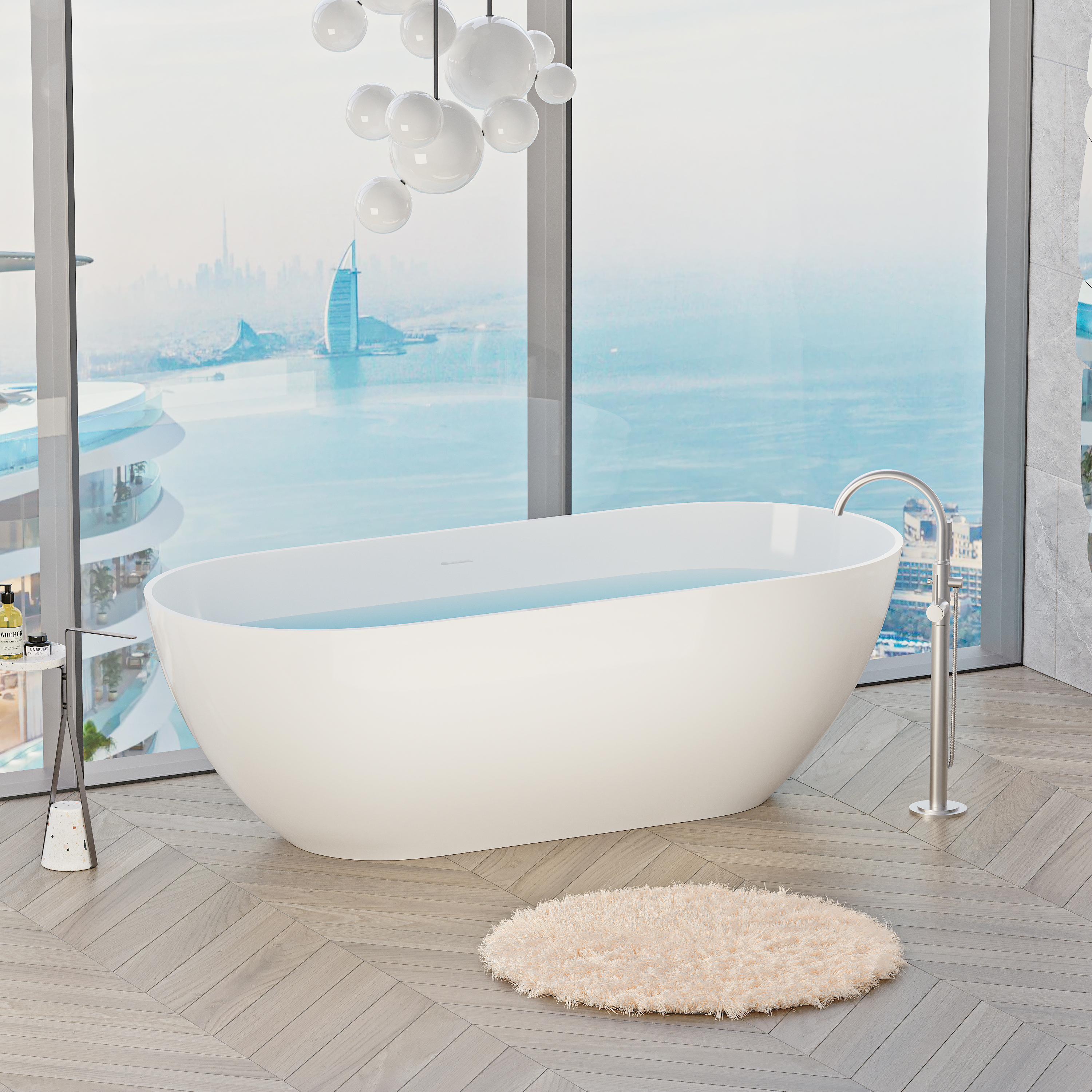 59" Freestanding Solid Surface Bathtub, Glossy White Man-Made Stone Resin Soaking Tub, Overflow & Drain