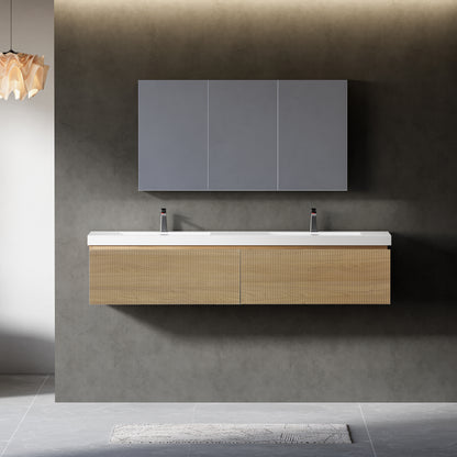 72" Liner - Floating Bathroom Vanity Integrated Double Sink Basin Natural Oak