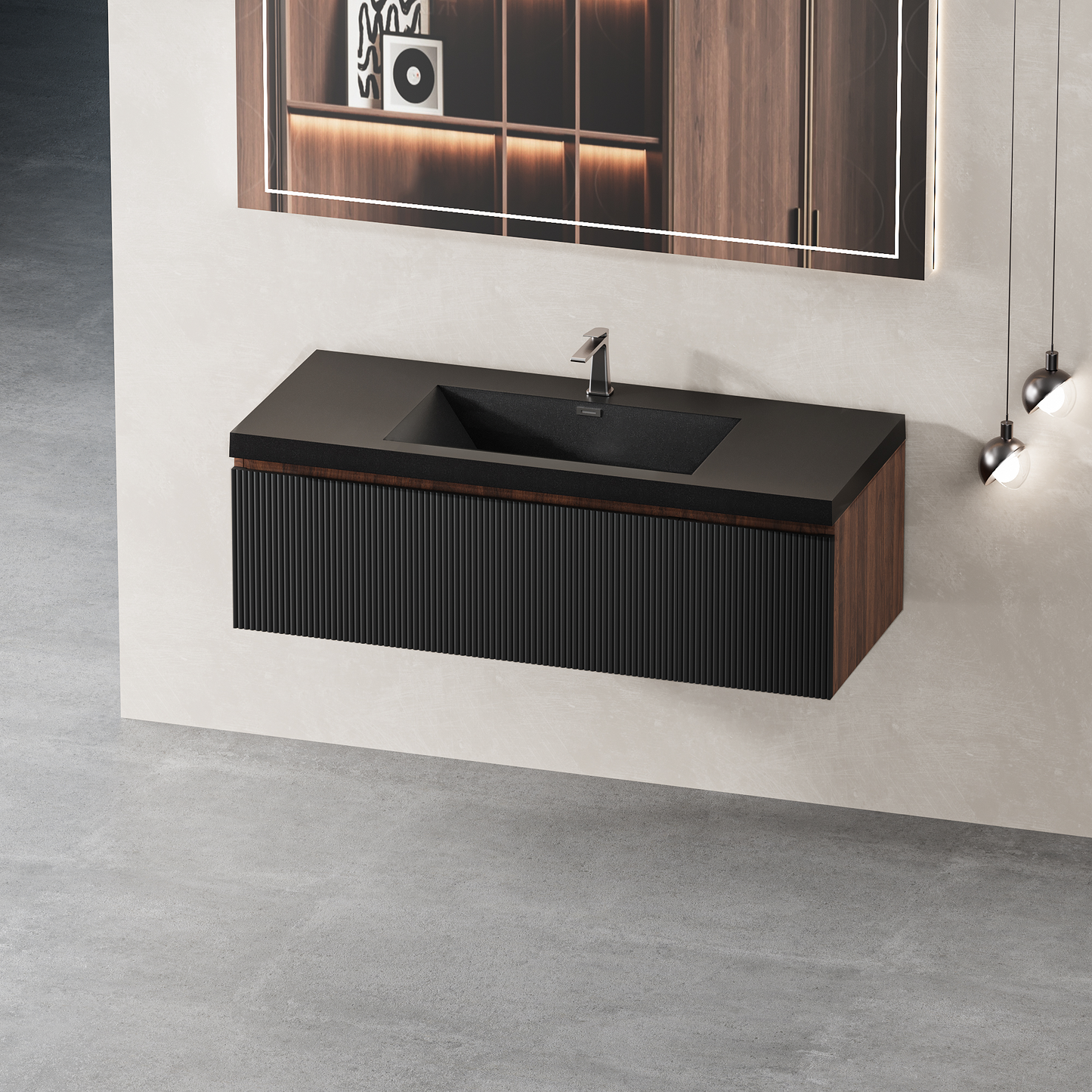 48" Liner - Floating Bathroom Vanity Smoked Walnut & lnk Black