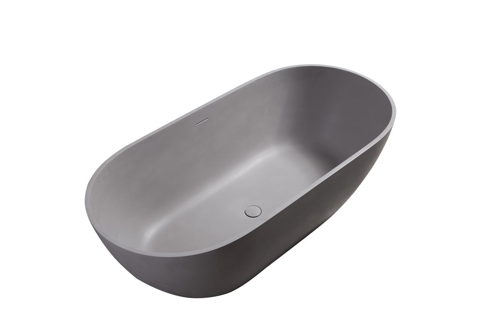 63" Freestanding Solid Surface Bathtub, Luxury Stone Resin Soaking Tub, Overflow & Drain, Matte Grey