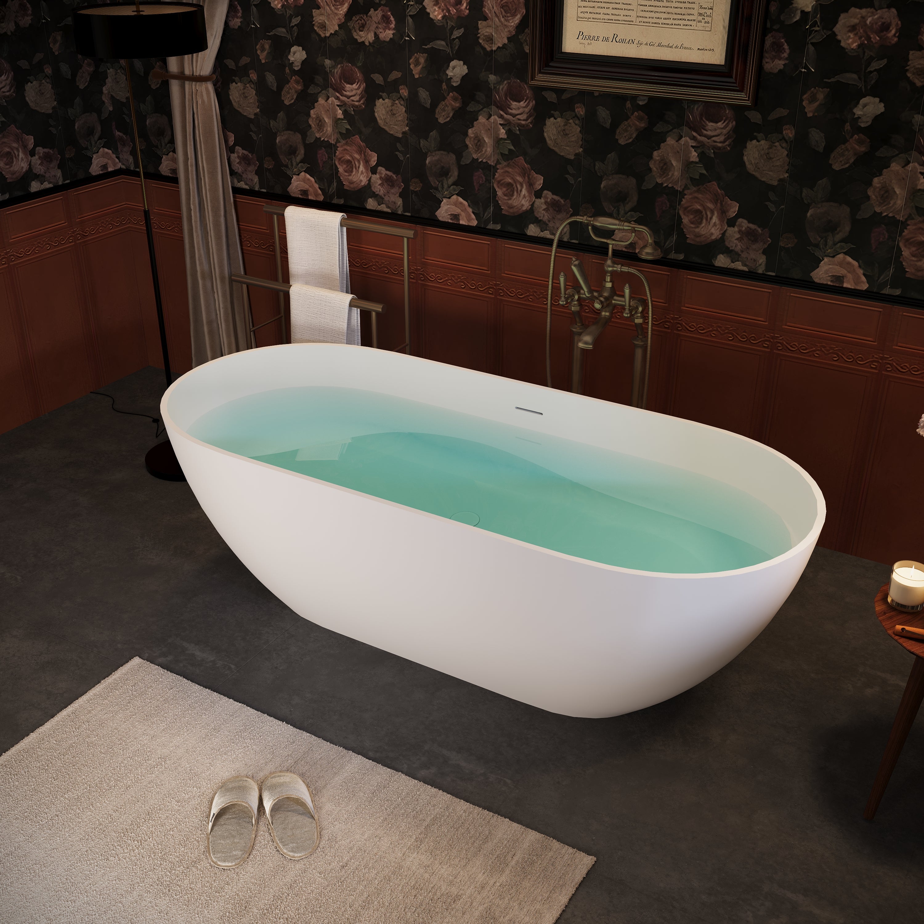 69" Freestanding Solid Surface Bathtub, Luxury Stone Resin Soaking Tub, Overflow & Drain, Matte White