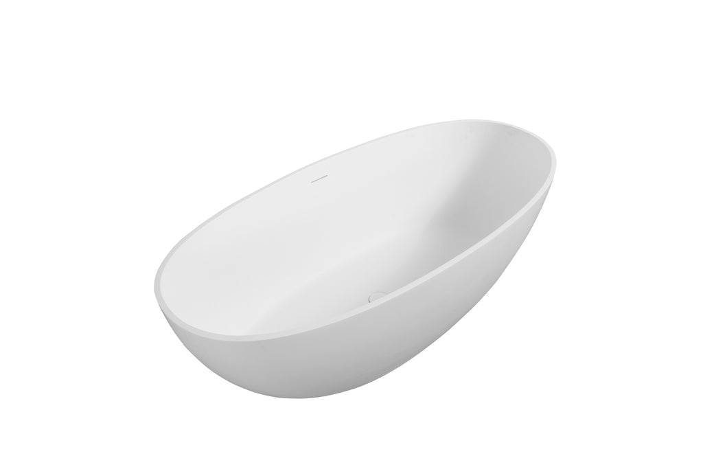 65" Freestanding Solid Surface Bathtub, Luxury Stone Resin Soaking Tub, Overflow & Drain, Matte White