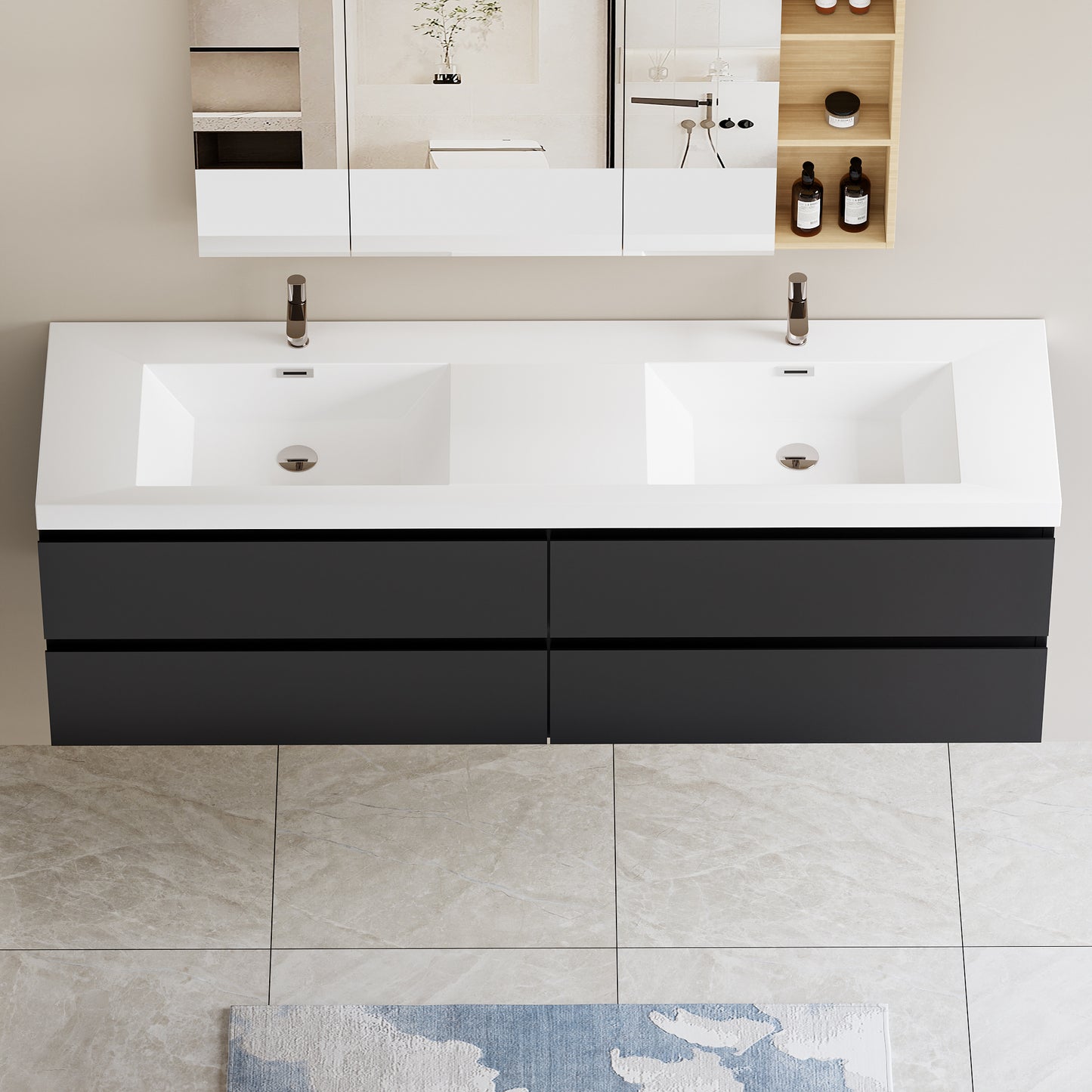72" Angela - Floating Bathroom Vanity Double Sink Glossy Black