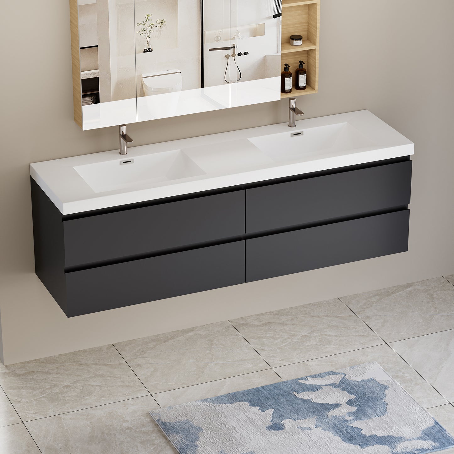 72" Angela - Floating Bathroom Vanity Double Sink Glossy Black