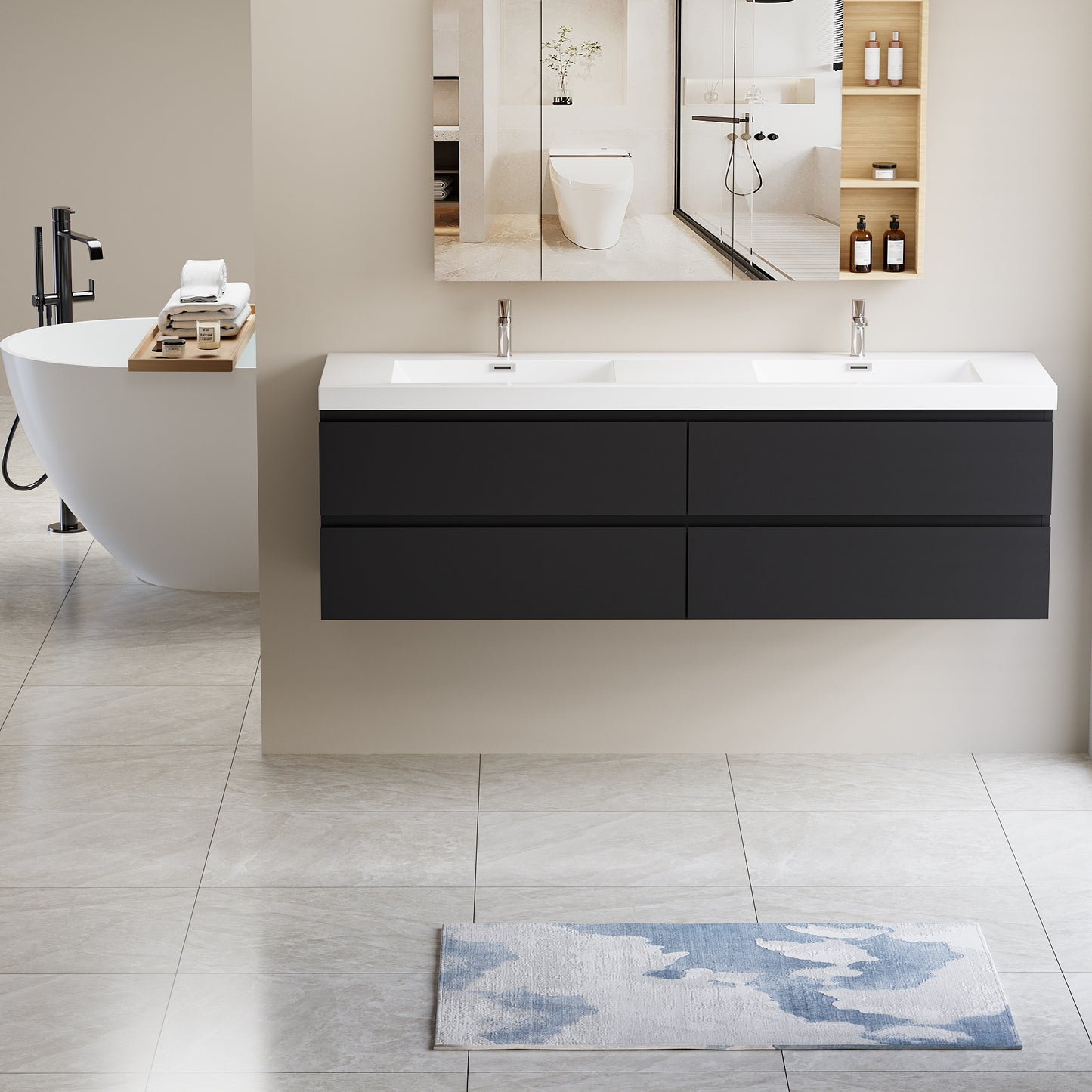 72" Angela - Floating Bathroom Vanity Double Sink Glossy Black