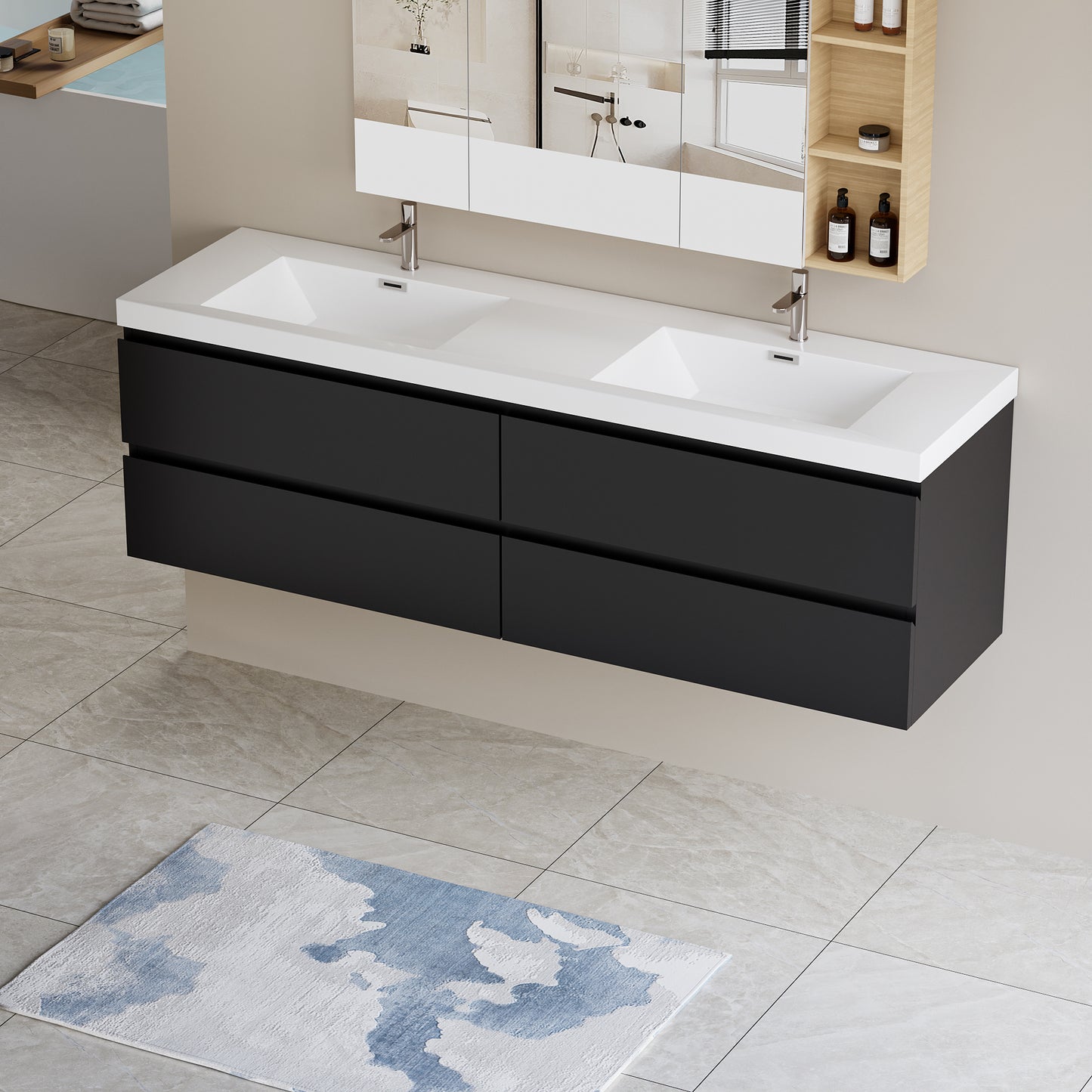72" Angela - Floating Bathroom Vanity Double Sink Glossy Black