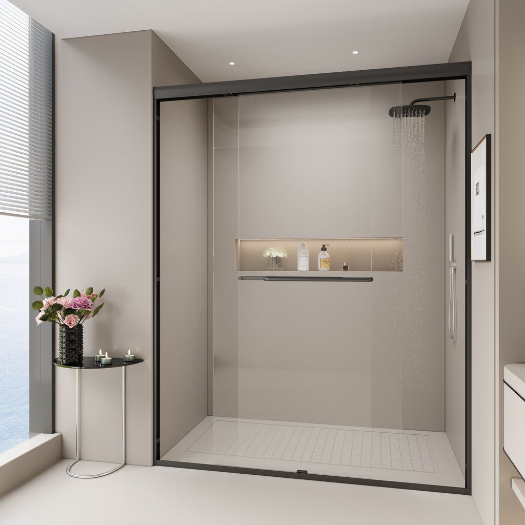 56–60" Double Sliding Shower Door, Semi-Frameless Bypass, 1/4" Tempered Glass, Matte Black