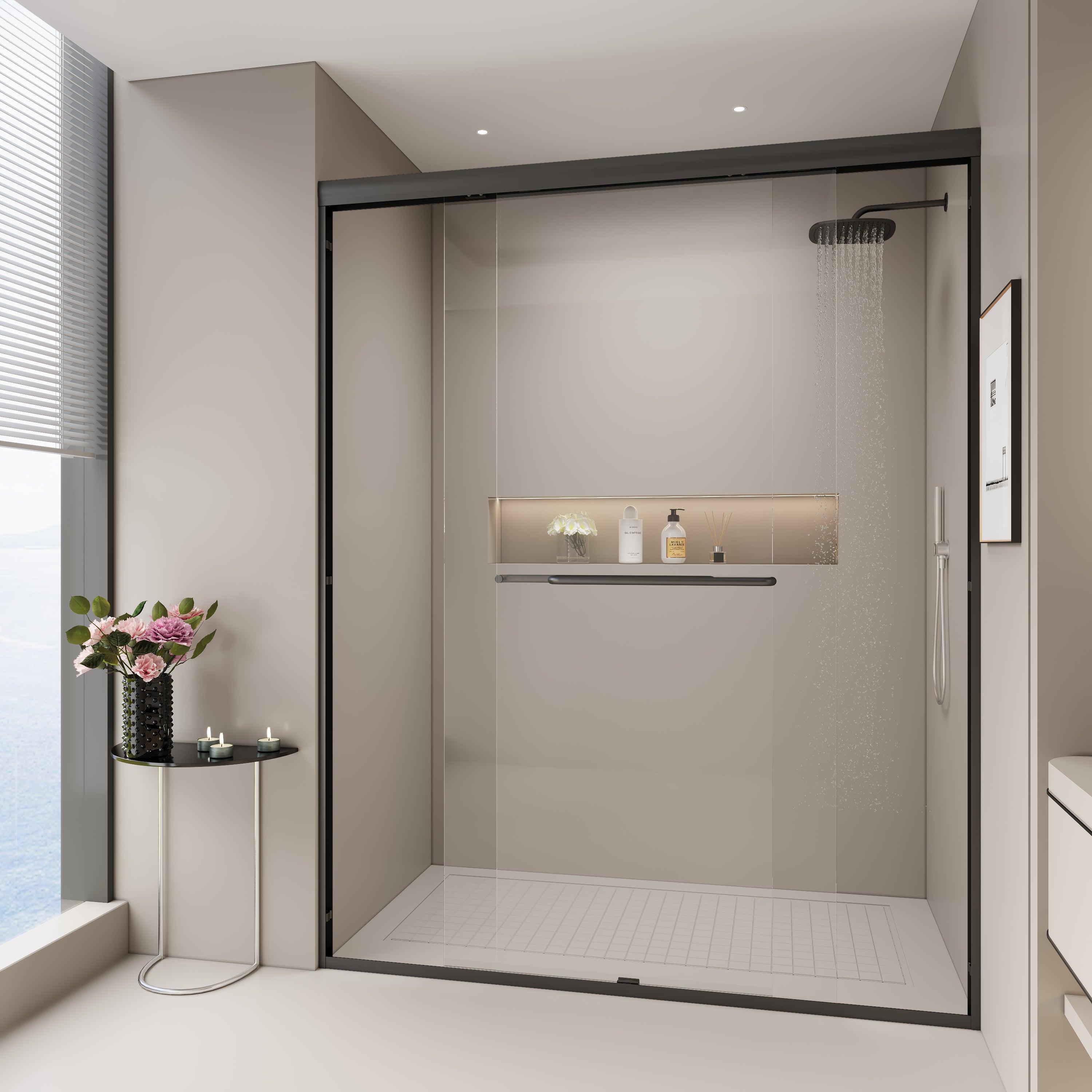 56–60" Double Sliding Shower Door, Semi-Frameless Bypass, 1/4" Tempered Glass, Matte Black