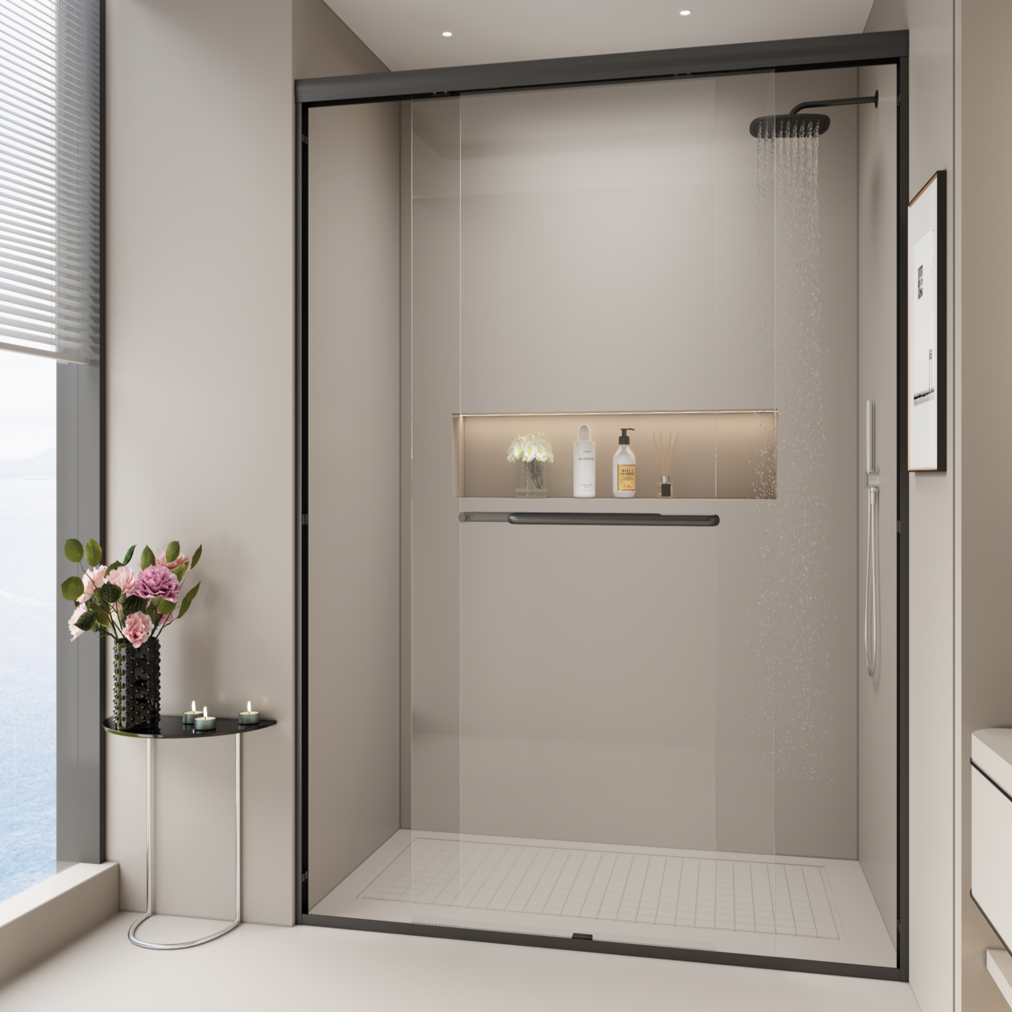 44–48" W x 72" H Double Sliding Shower Door, Semi-Frameless Bypass, 1/4" Tempered Glass, Matte Black