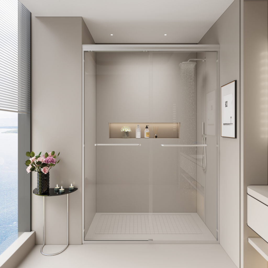 44–48" W x 72" H Double Sliding Semi-Frameless Shower Door, 1/4" Tempered Glass, Brushed Nickel