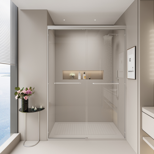 44–48" W x 72" H Double Sliding Semi-Frameless Shower Door, 1/4" Tempered Glass, Brushed Nickel