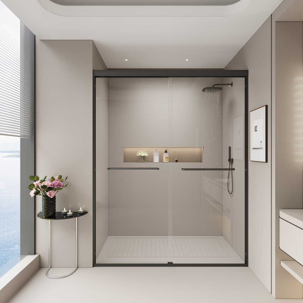 56–60" Double Sliding Shower Door, Semi-Frameless Bypass, 1/4" Tempered Glass, Matte Black