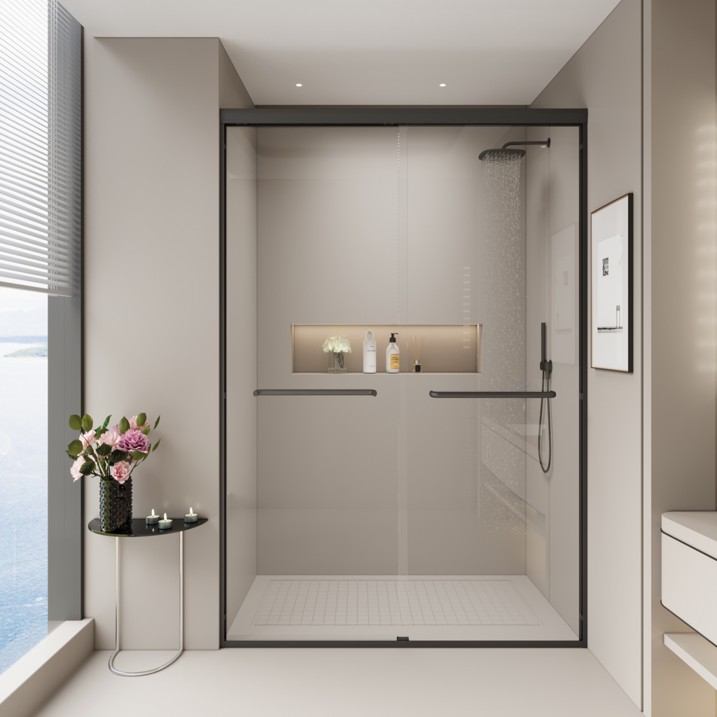 44–48" W x 72" H Double Sliding Shower Door, Semi-Frameless Bypass, 1/4" Tempered Glass, Matte Black