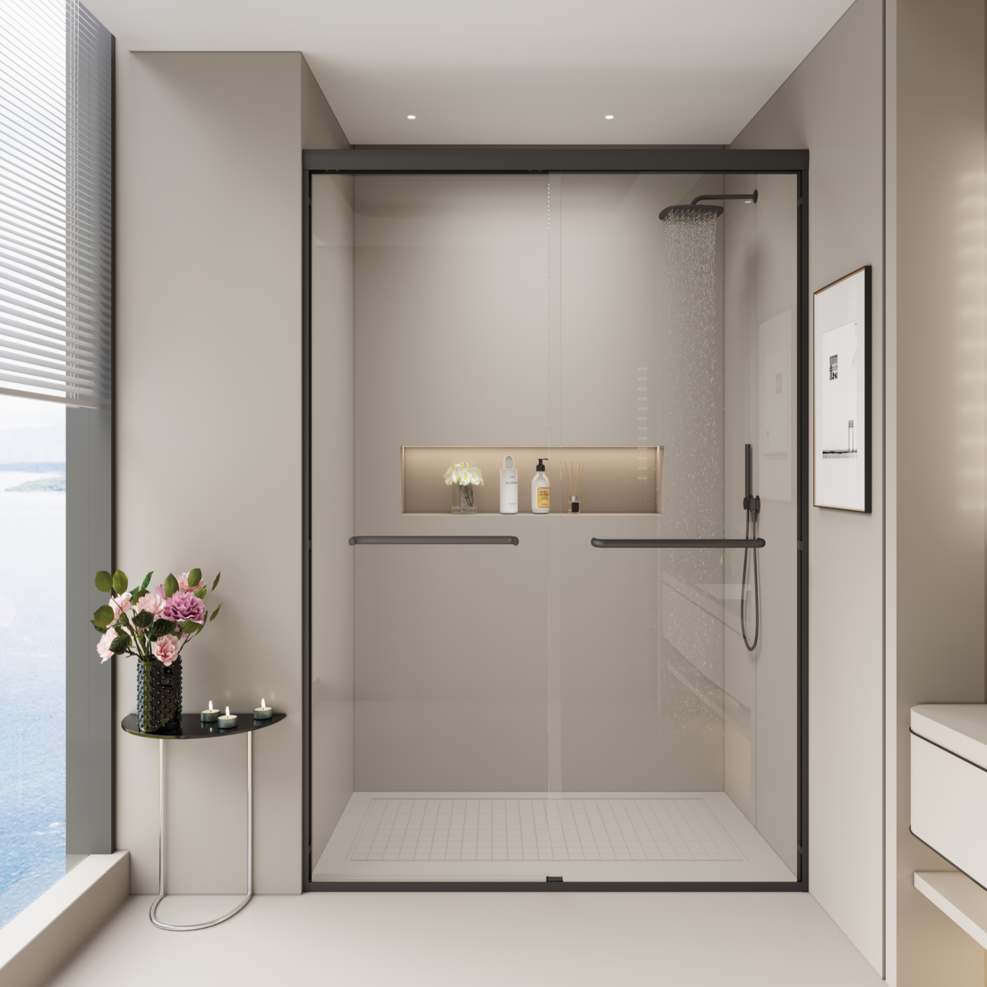 44–48" W x 72" H Double Sliding Shower Door, Semi-Frameless Bypass, 1/4" Tempered Glass, Matte Black