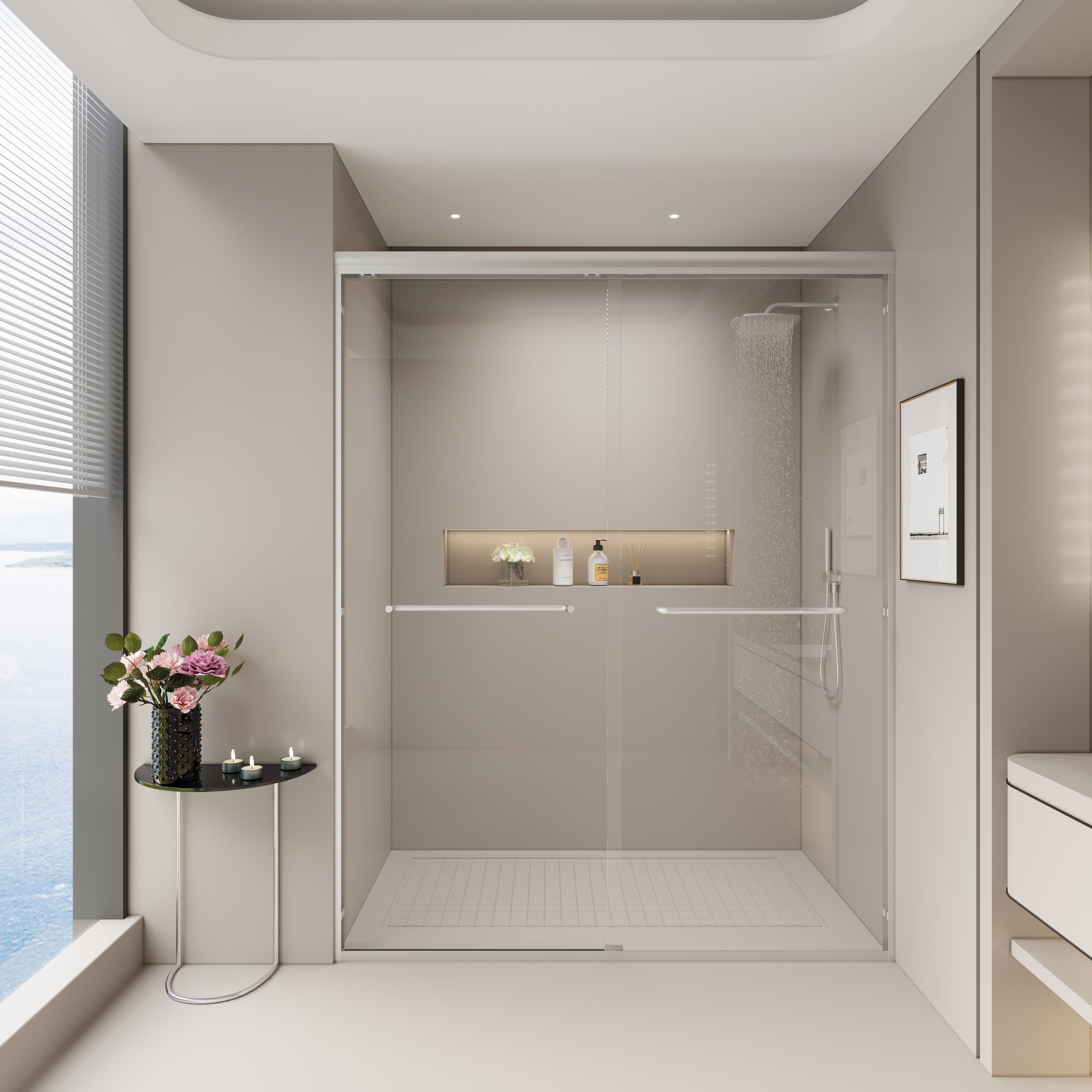 56–60" W x 72" H Semi-Frameless Double Sliding Shower Door, 1/4" Tempered Glass, Brushed Nickel