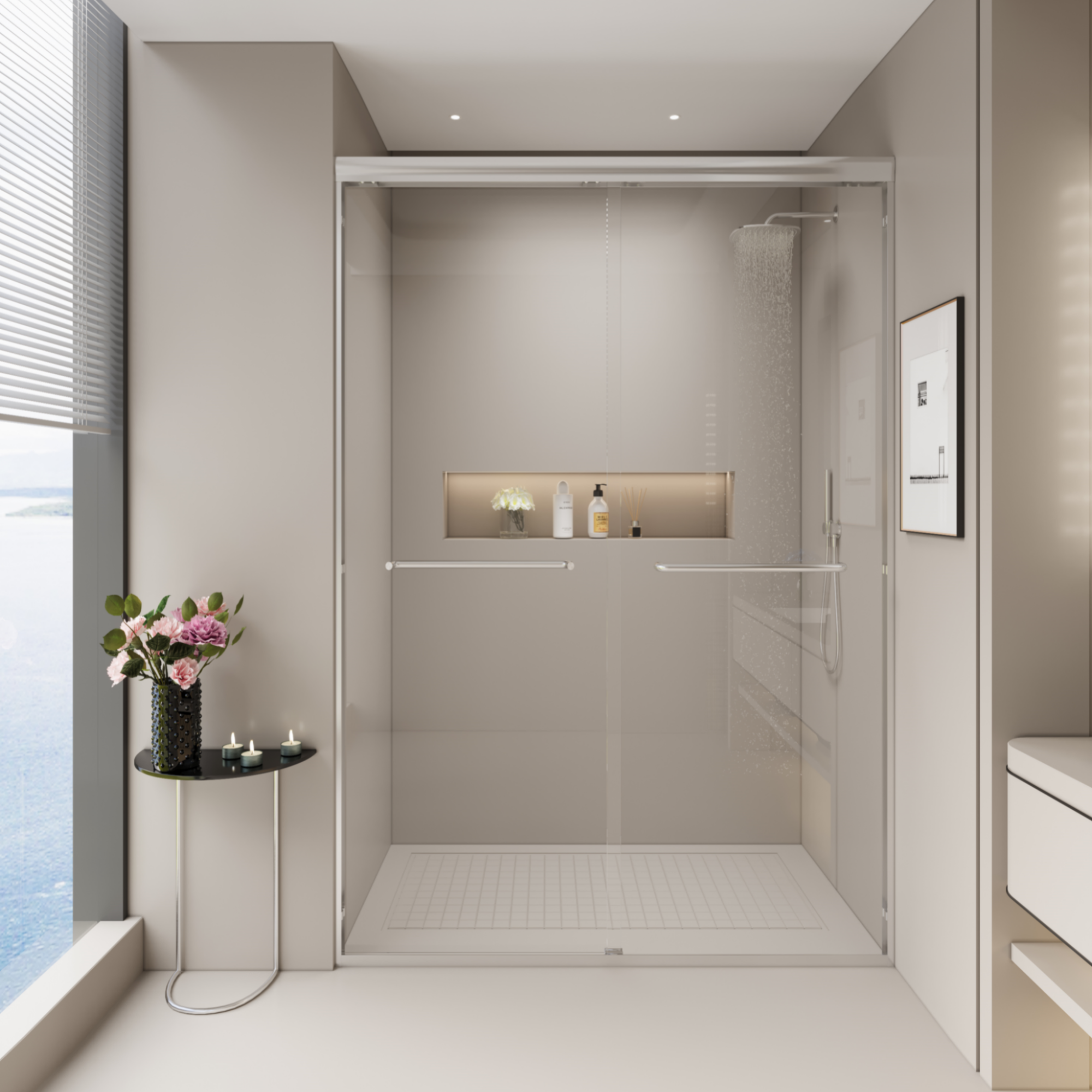 44–48" W x 72" H Double Sliding Shower Door, Semi-Frameless Bypass, 1/4" Tempered Glass, Chrome
