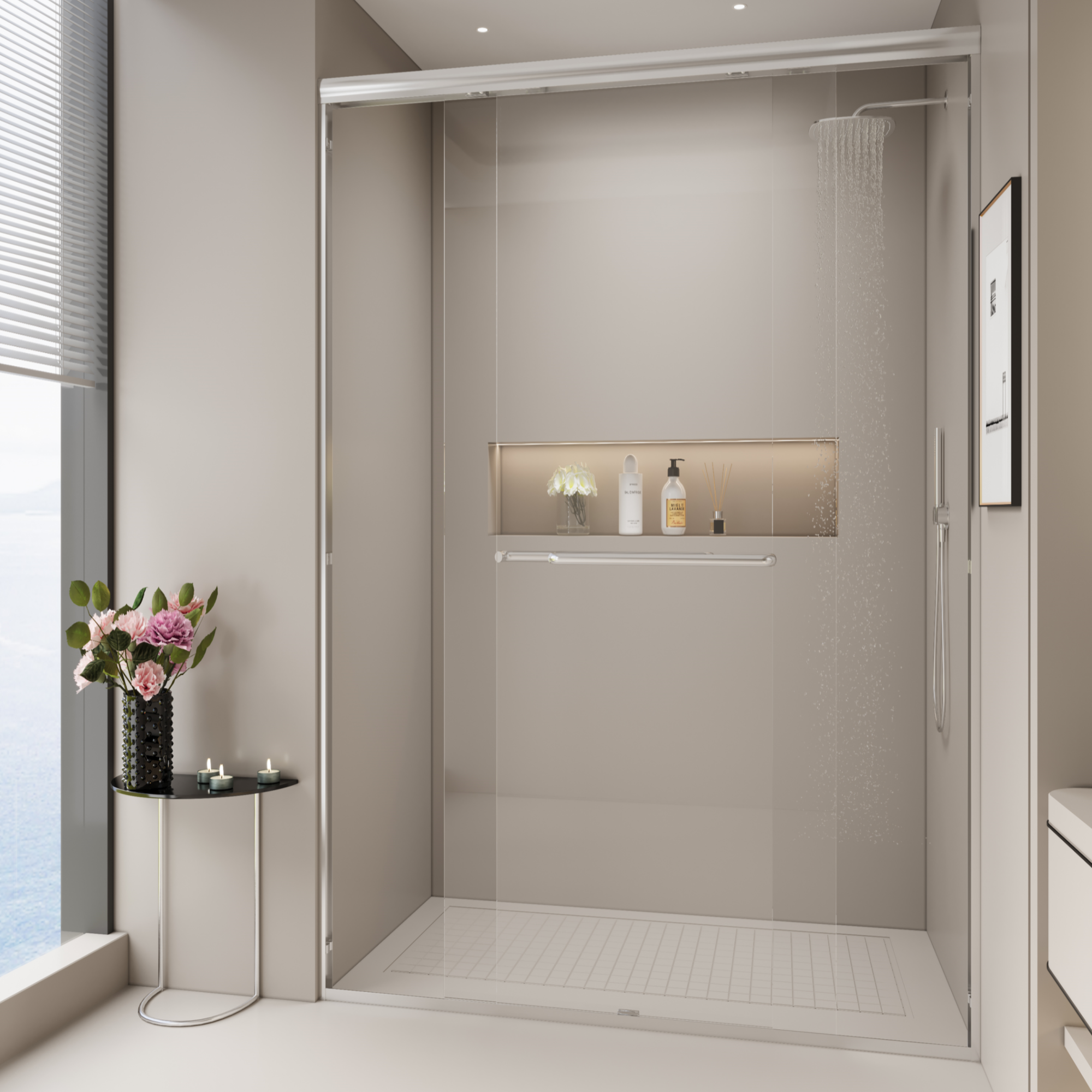 44–48" W x 72" H Double Sliding Shower Door, Semi-Frameless Bypass, 1/4" Tempered Glass, Chrome