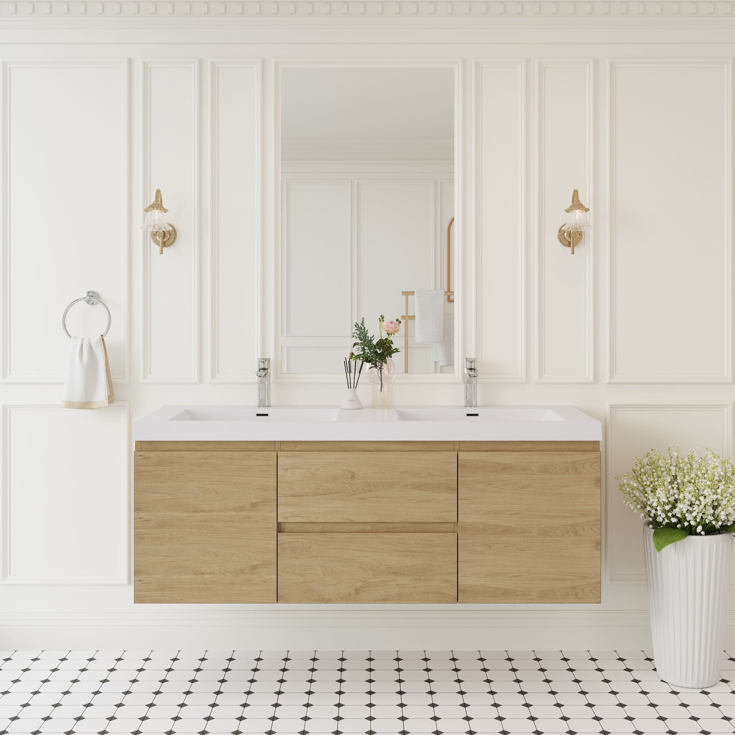 60" Angela - Floating Bathroom Vanity Double Sink Natural Oak