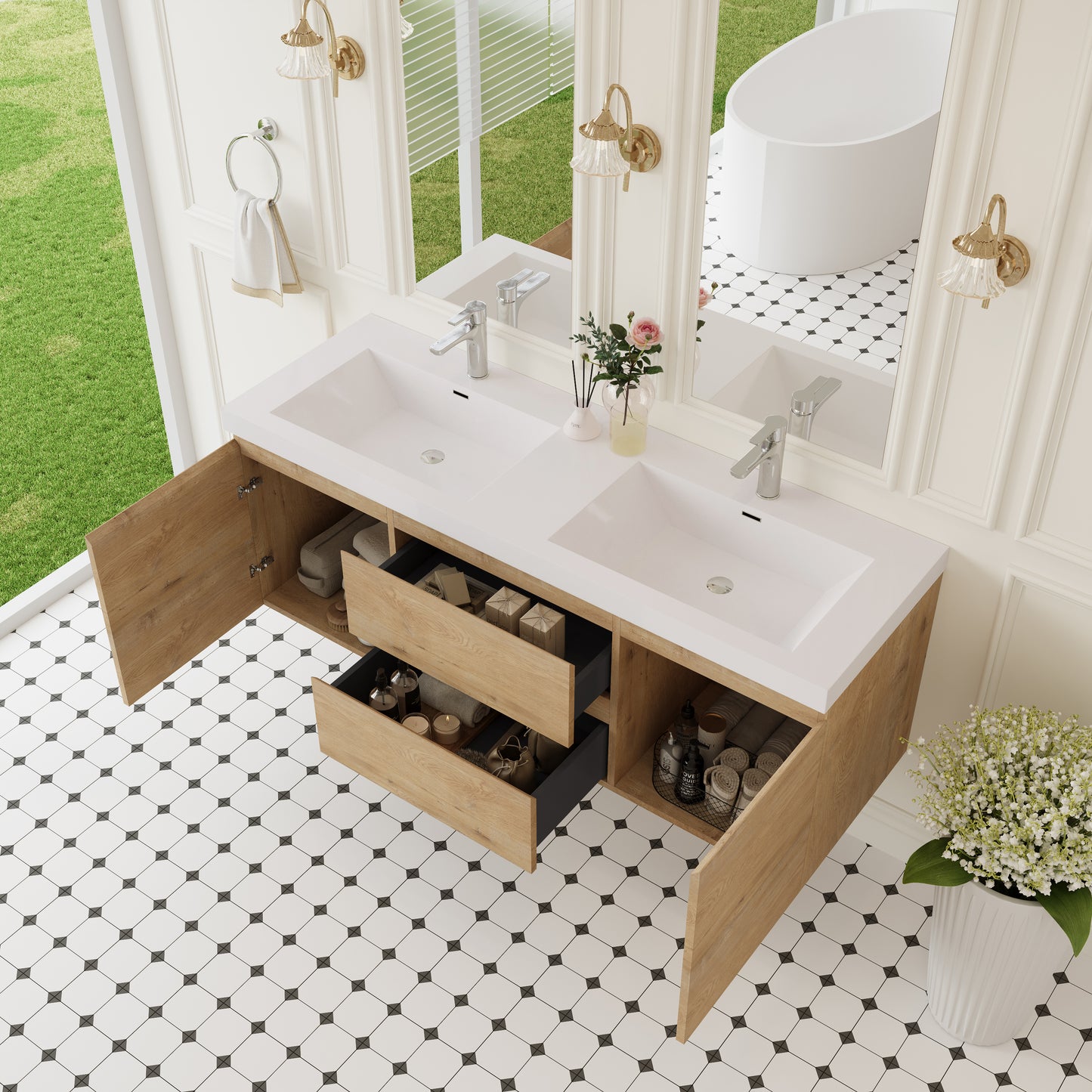 60" Angela - Floating Bathroom Vanity Double Sink Natural Oak