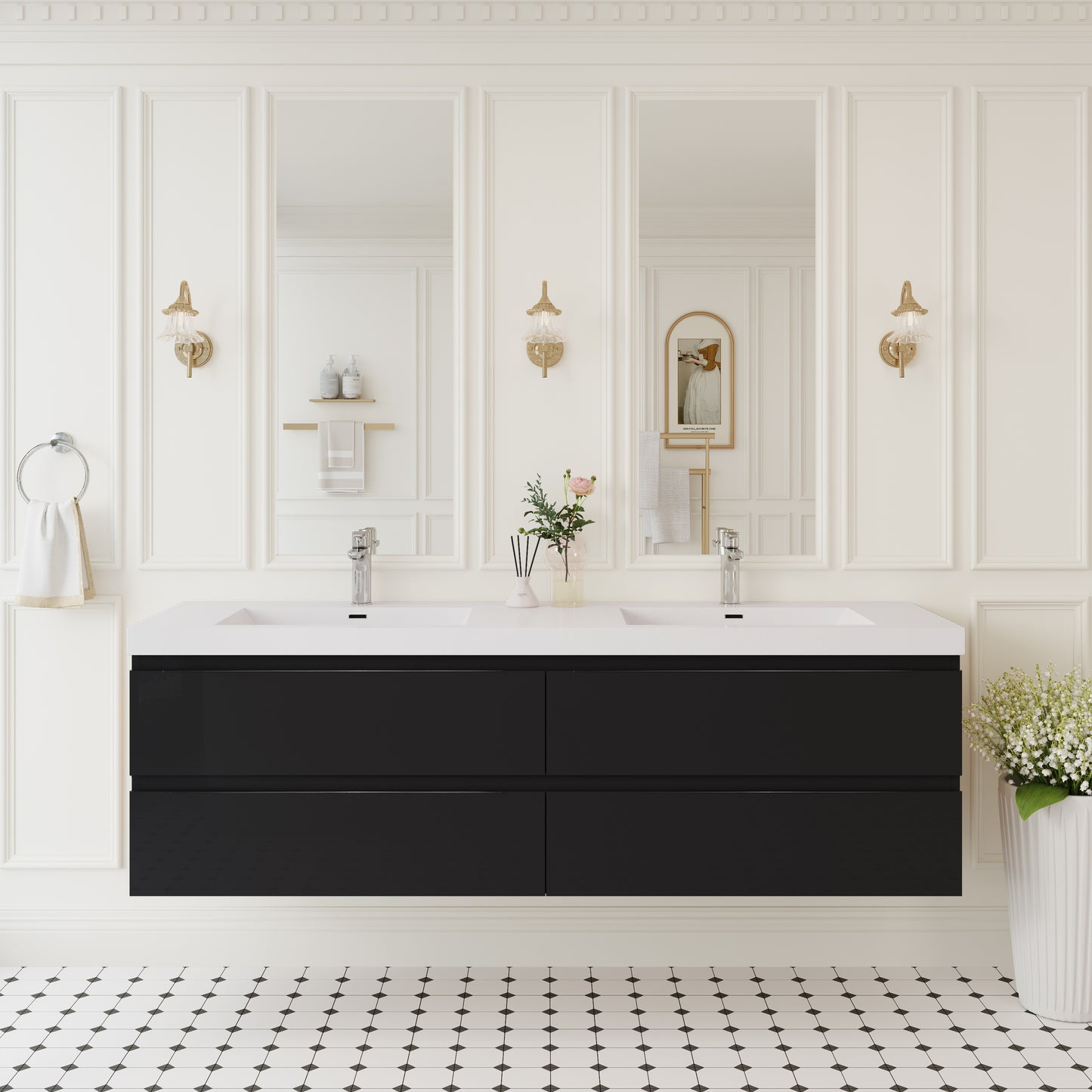72" Angela - Floating Bathroom Vanity Double Sink Glossy Black