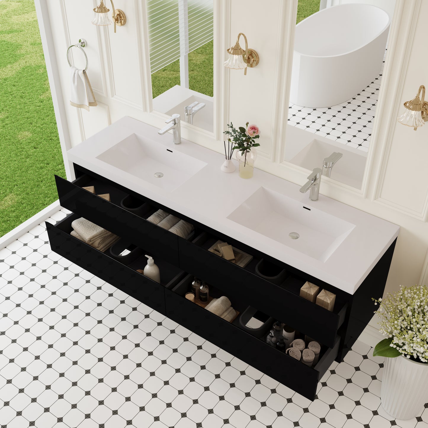 72" Angela - Floating Bathroom Vanity Double Sink Glossy Black