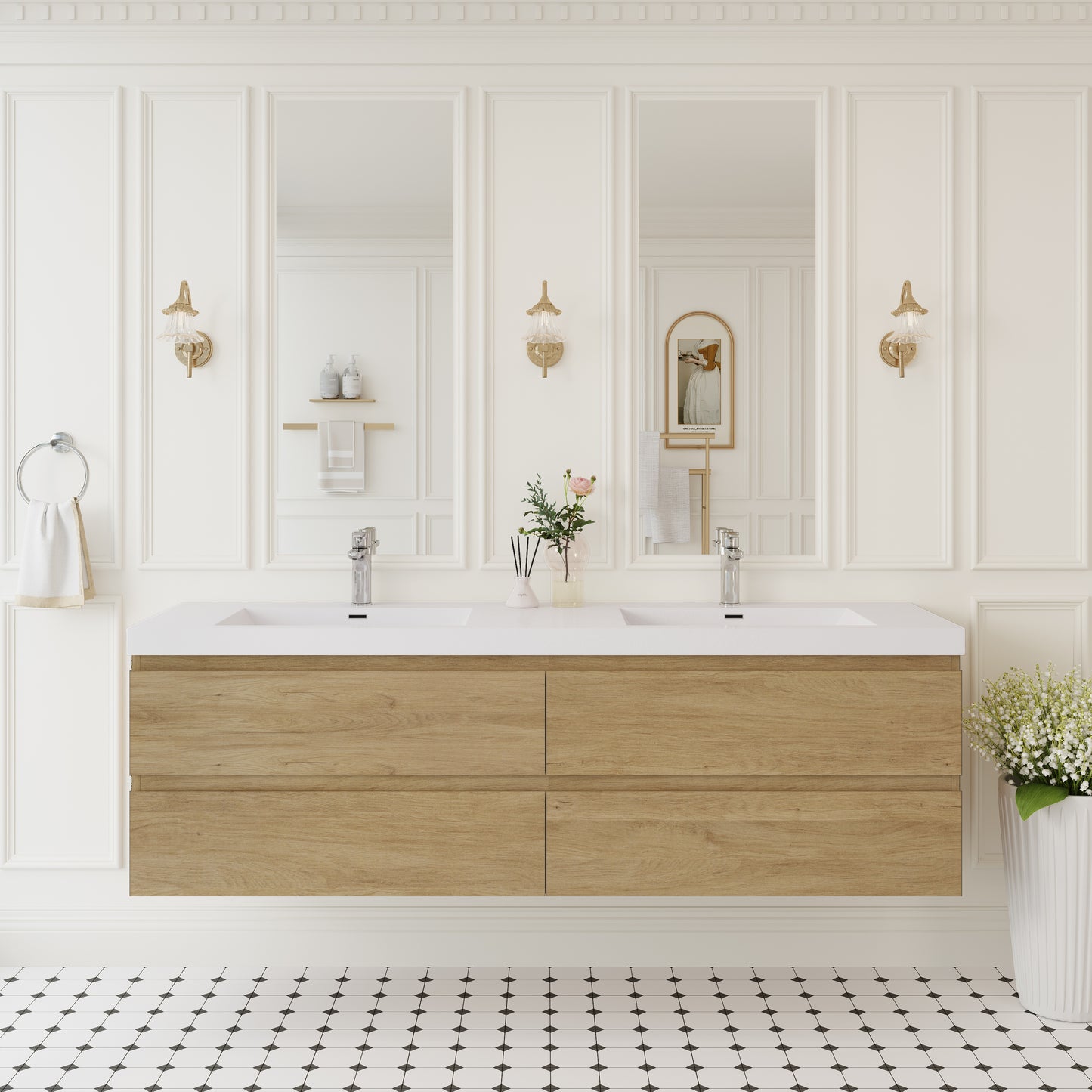 72" Angela - Floating Bathroom Vanity Double Sink Natural Oak