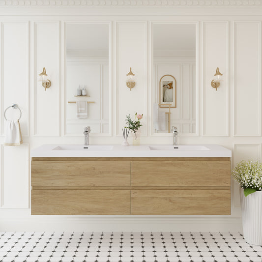 72" Angela - Floating Bathroom Vanity Double Sink Natural Oak