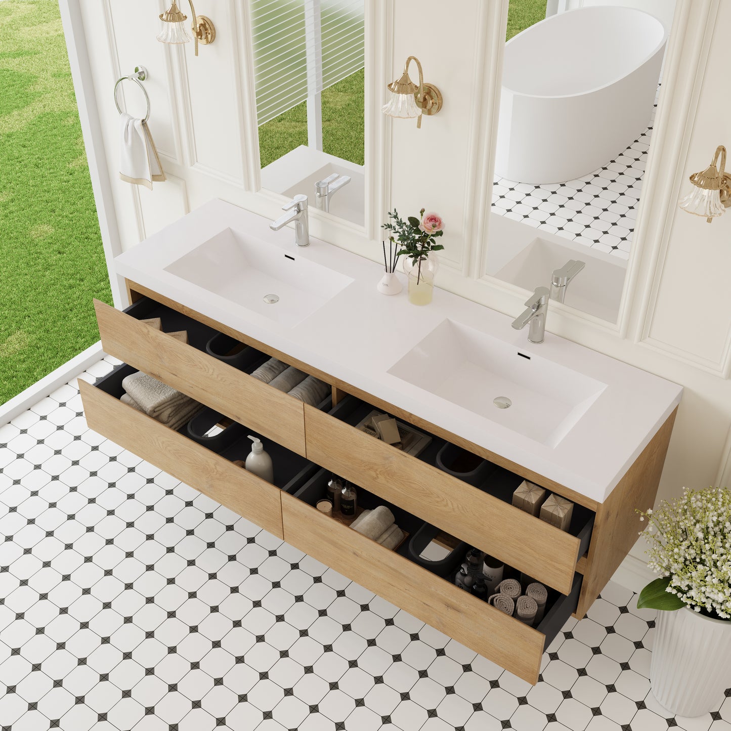 72" Angela - Floating Bathroom Vanity Double Sink Natural Oak
