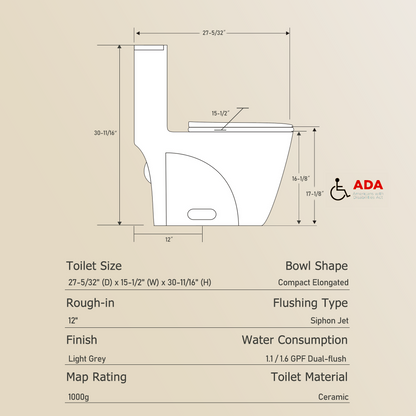 One-Piece Toilet T01, Dual Flush 1.1/1.6 GPF Light  Grey
