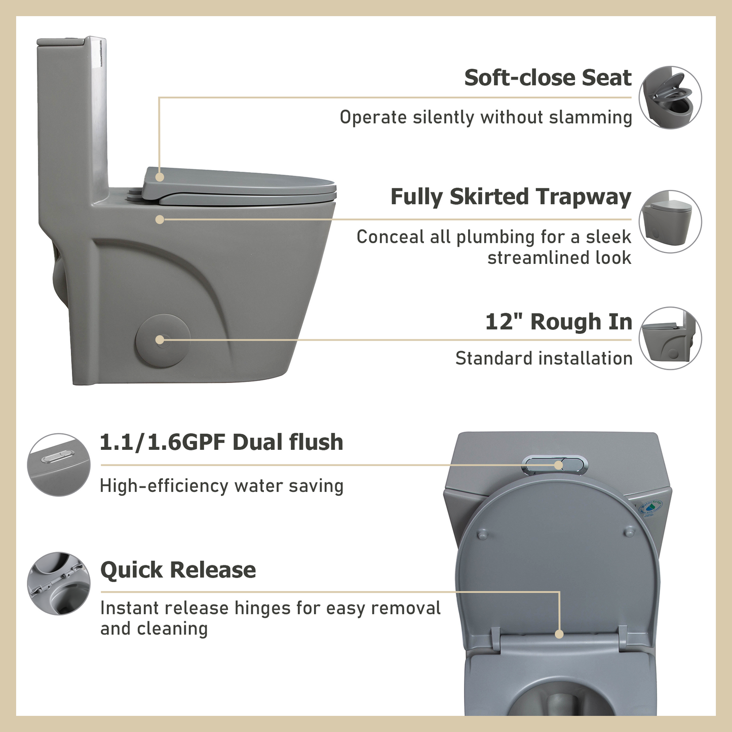 One-Piece Toilet T01, Dual Flush 1.1/1.6 GPF Light  Grey