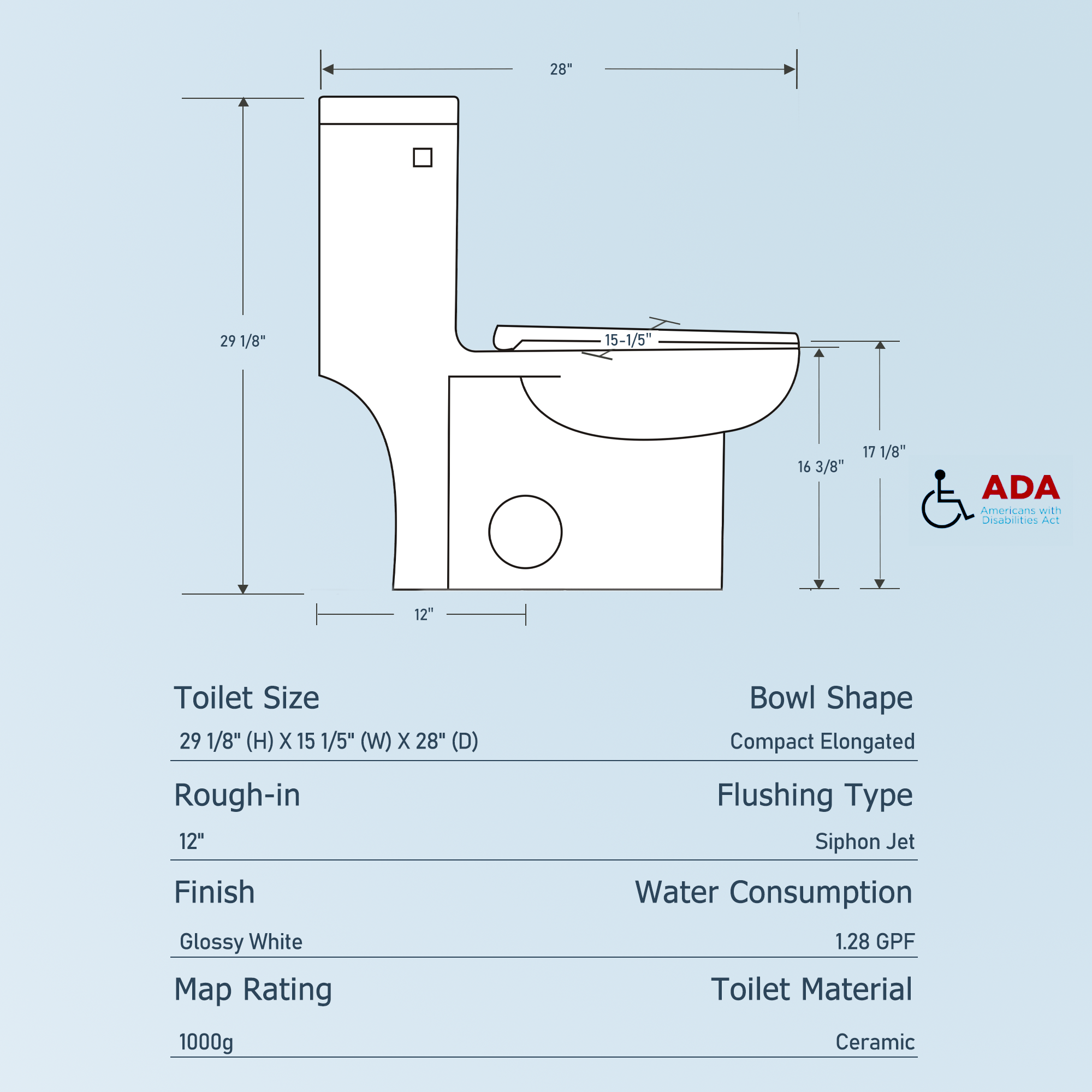 Ceramic One-Piece Toilet, 1.28 GPF Single-Flush, Comfort Height Elongated Bowl, Soft-Close Seat, Glossy White