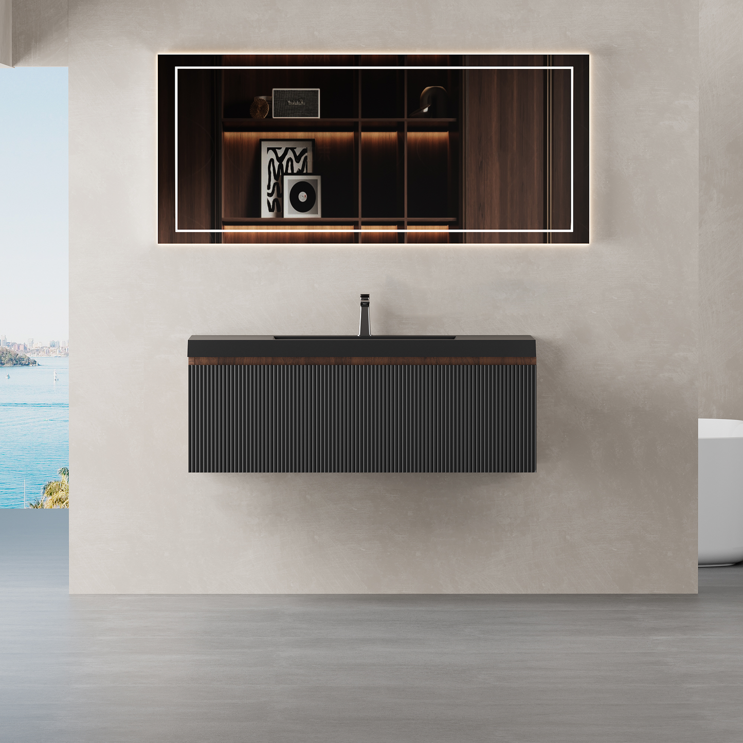42" Liner - Floating Bathroom Vanity Smoked Walnut & lnk Black