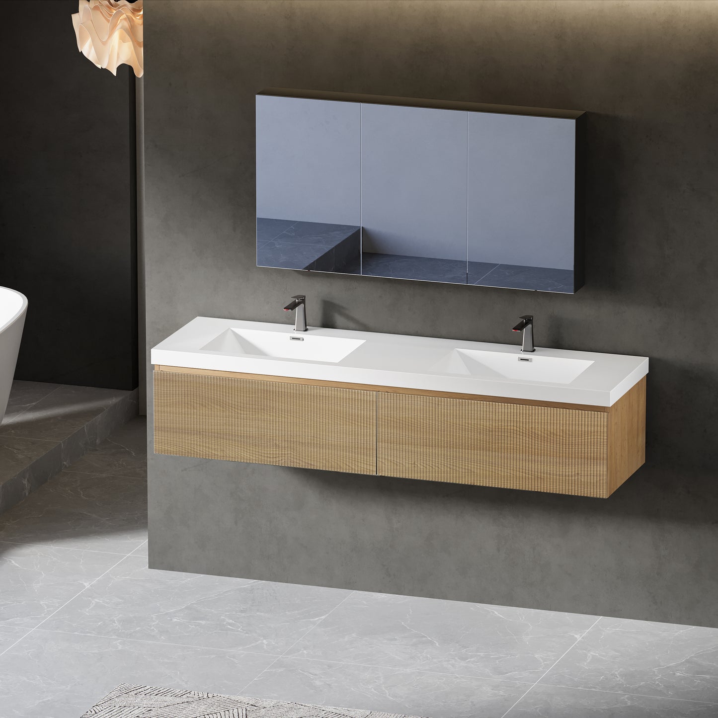 72" Liner - Floating Bathroom Vanity Integrated Double Sink Basin Natural Oak