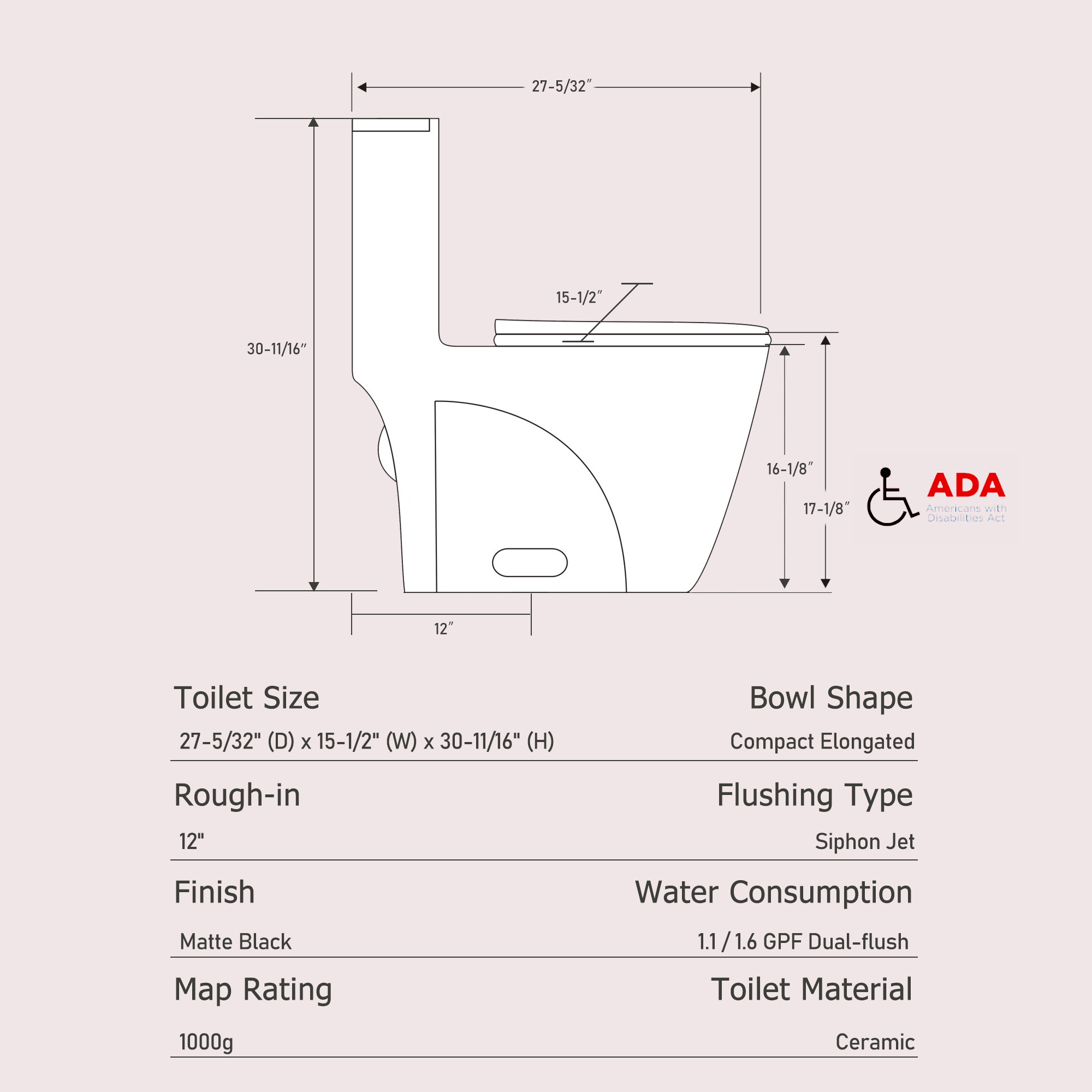 One-Piece Ceramic Toilet, Dual-Flush 1.1/1.6 GPF, Adjustable 0.8/1.28 GPF, Comfort Height Elongated, Soft-Close, Matte Black