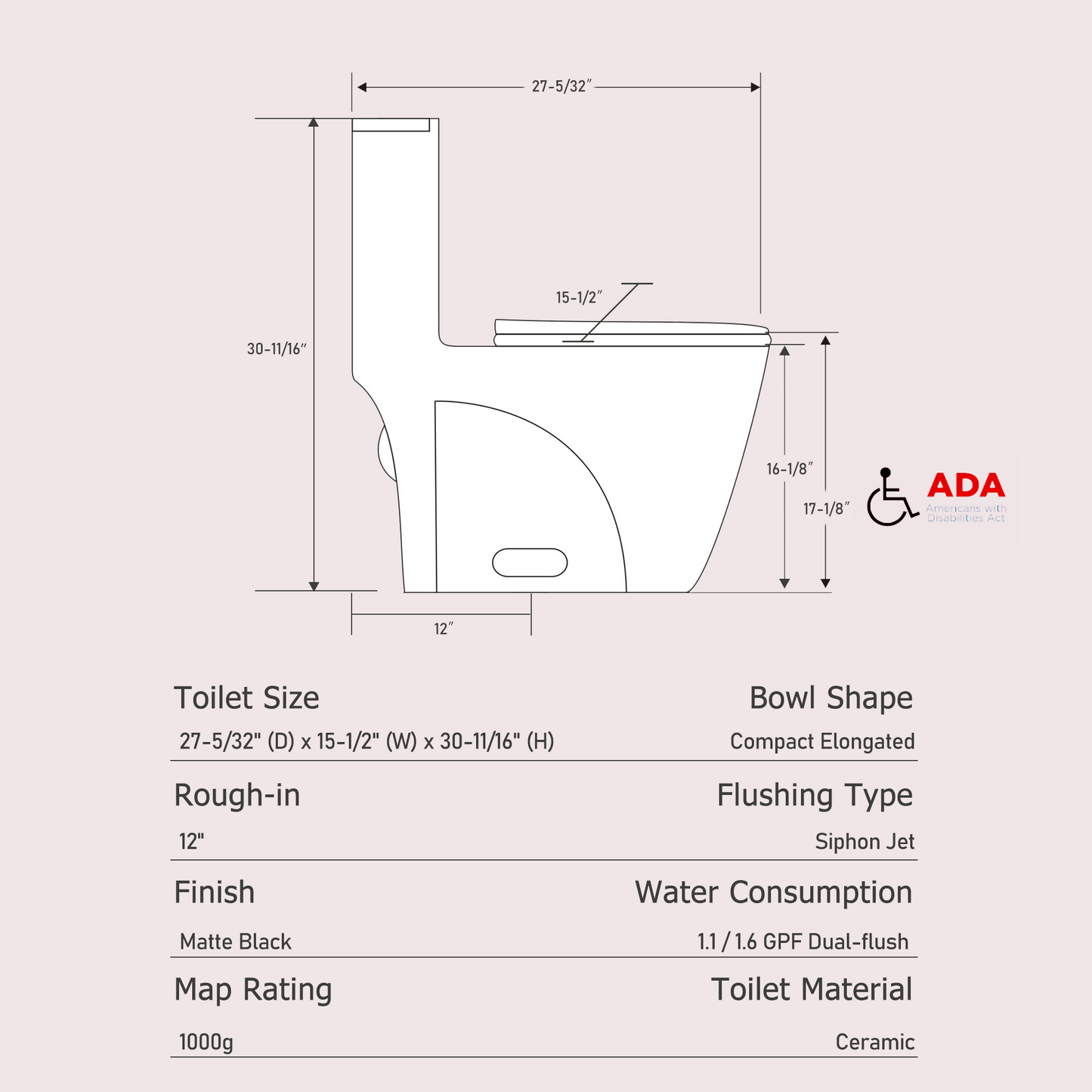 One-Piece Toilet T01, Dual Flush 1.1/1.6 GPF Matte Black