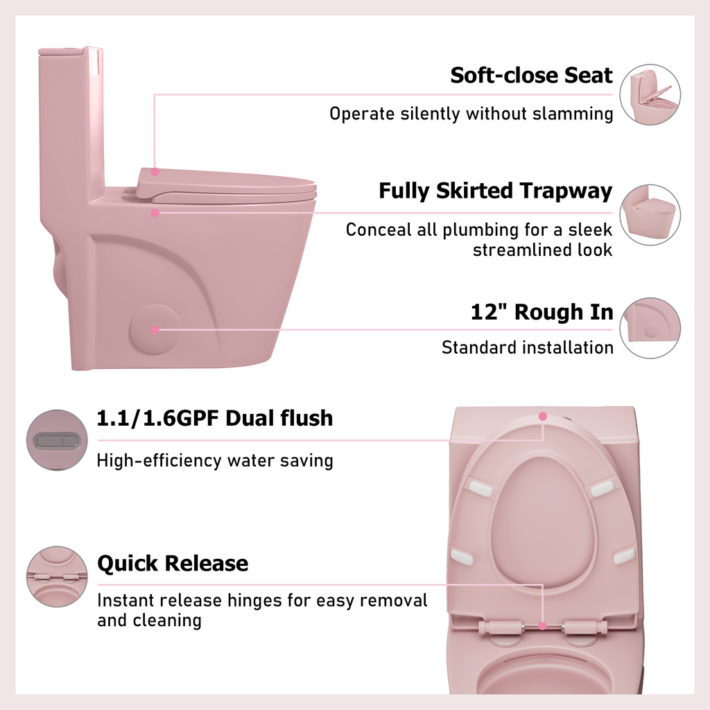 Dual-Flush Ceramic One-Piece Toilet 1.1/1.6 GPF, Water-Saving Elongated Comfort Height Bowl, Soft-Close Seat, Pink
