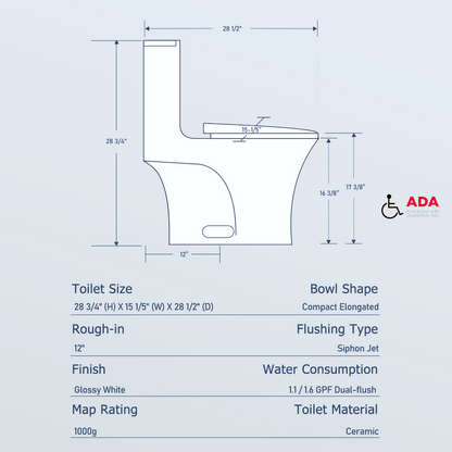One-Piece Toilet T02, Dual Flush 1.1/1.6 GPF Glossy White