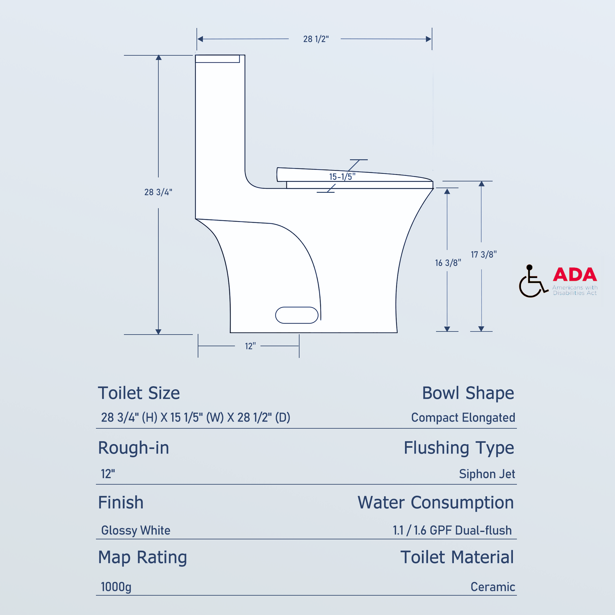 Ceramic One-Piece Toilet, Dual-Flush 1.1/1.6 GPF, Comfort Height Elongated Bowl, Soft-Close Seat, Gloss White
