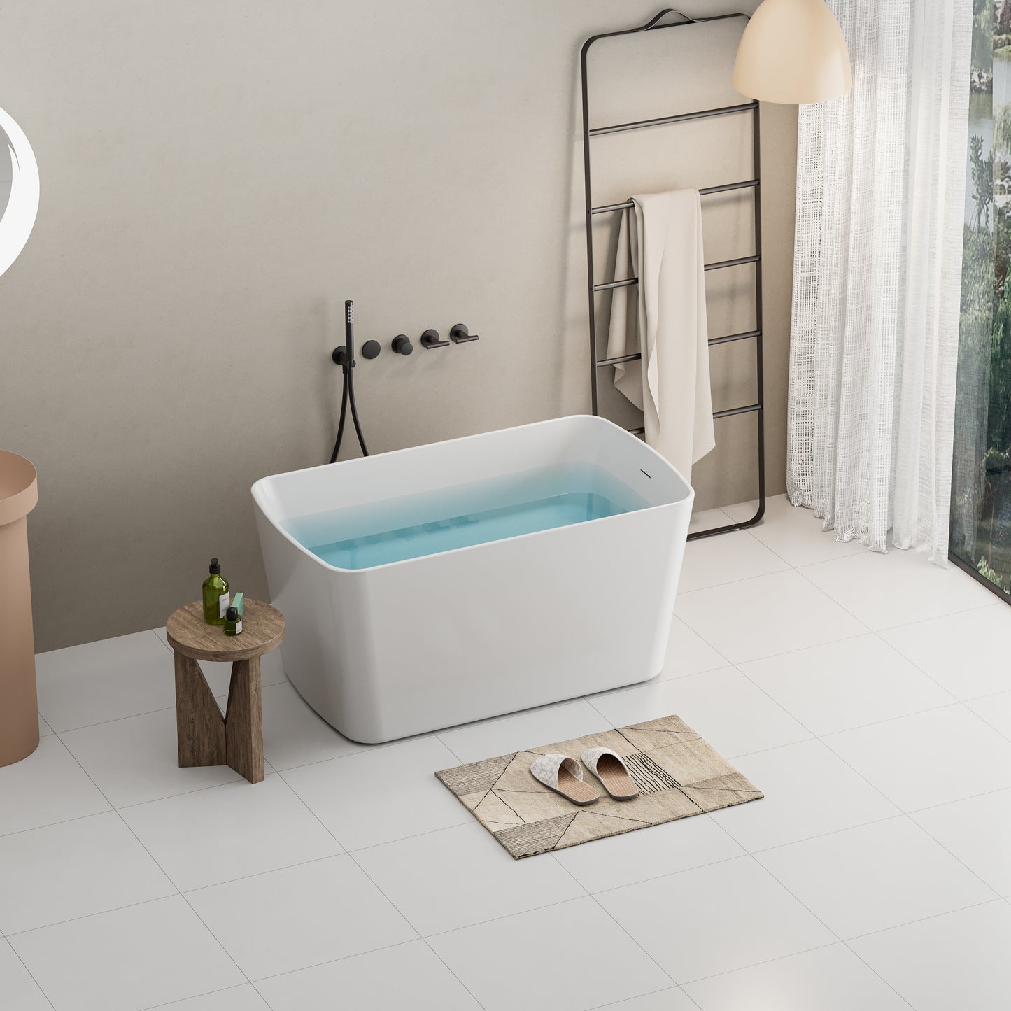 49" Acrylic Freestanding Japanese Soaking Bathtub, Glossy White/Black
