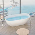 59" Freestanding Solid Surface Bathtub, Glossy White Man-Made Stone Resin Soaking Tub, Overflow & Drain