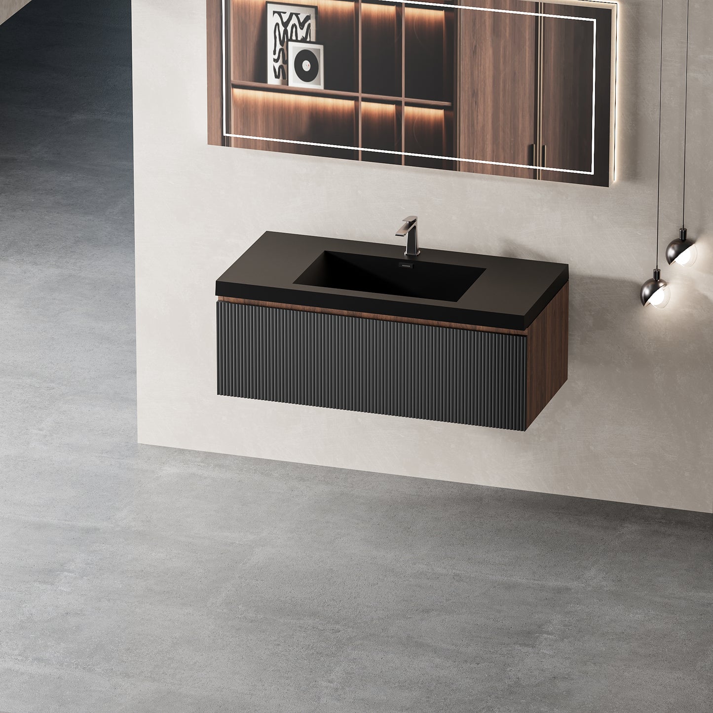 36" Liner - Floating Bathroom Vanity Smoked Walnut & lnk Black