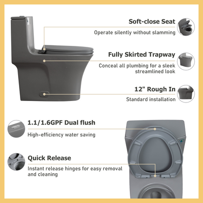 One-Piece Toilet T02, Dual Flush 1.1/1.6 GPF Light Grey