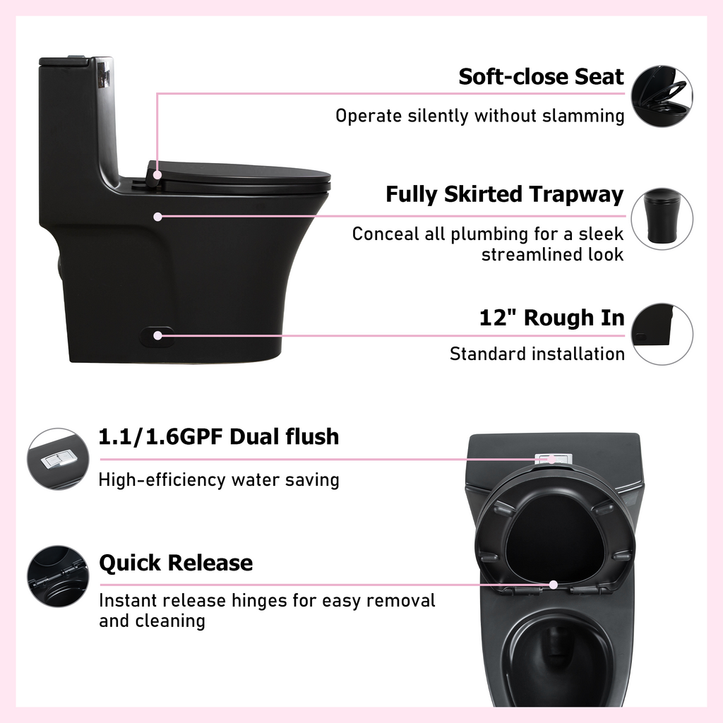 One-Piece Ceramic Toilet, Dual-Flush 1.1/1.6 GPF, Adjustable 0.8/1.28, Elongated Comfort Height, Soft-Close, Matte Black