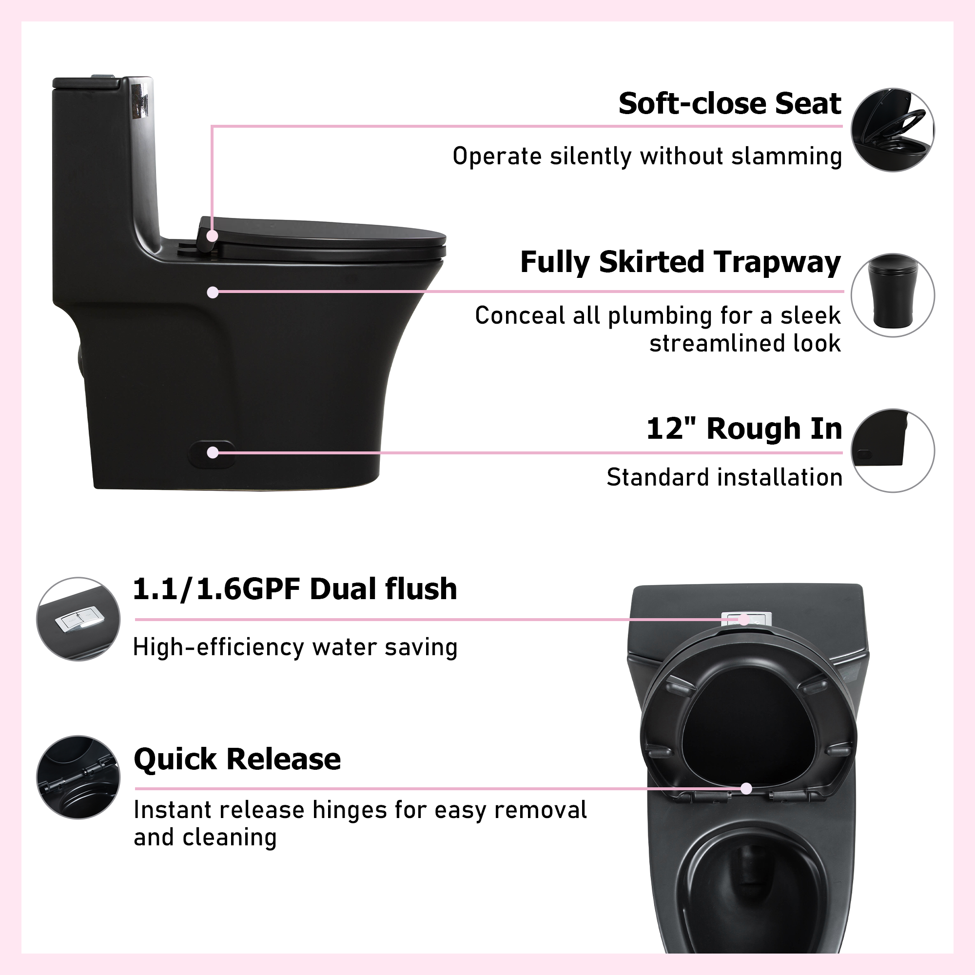 One-Piece Ceramic Toilet, Dual-Flush 1.1/1.6 GPF, Adjustable 0.8/1.28, Elongated Comfort Height, Soft-Close, Matte Black